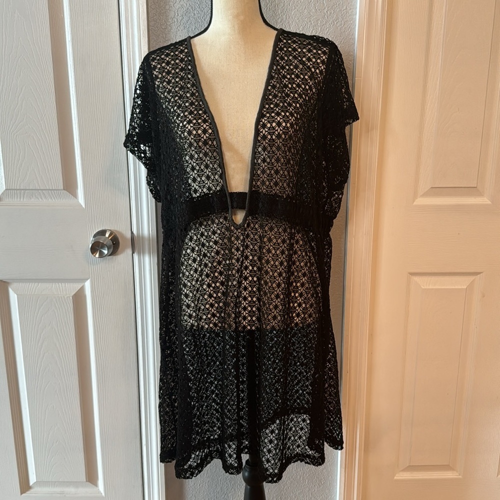 Club Z Collection Black Crochet Low Cut Swim Coverup. Sz 2x